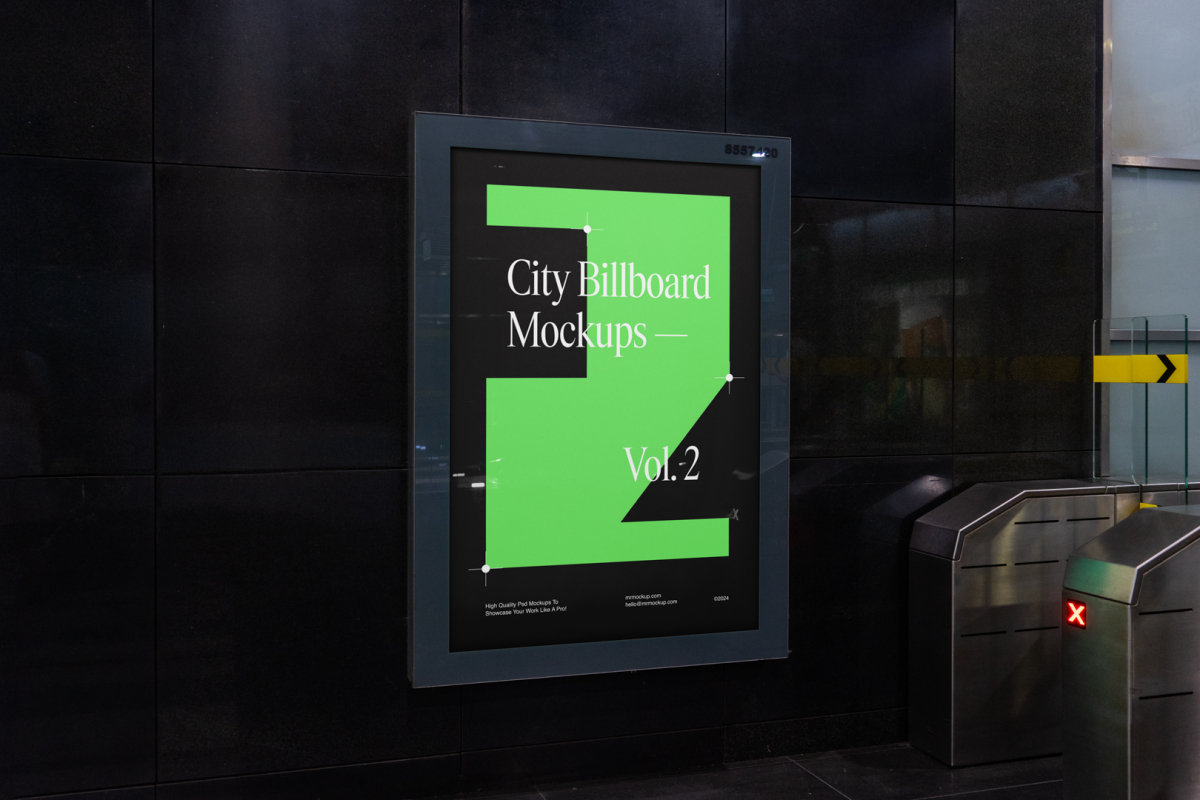 Vertical city billboard mockup right at the subway station entrance attached to the black marble wall.