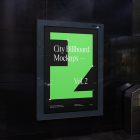 Vertical city billboard mockup right at the subway station entrance attached to the black marble wall.