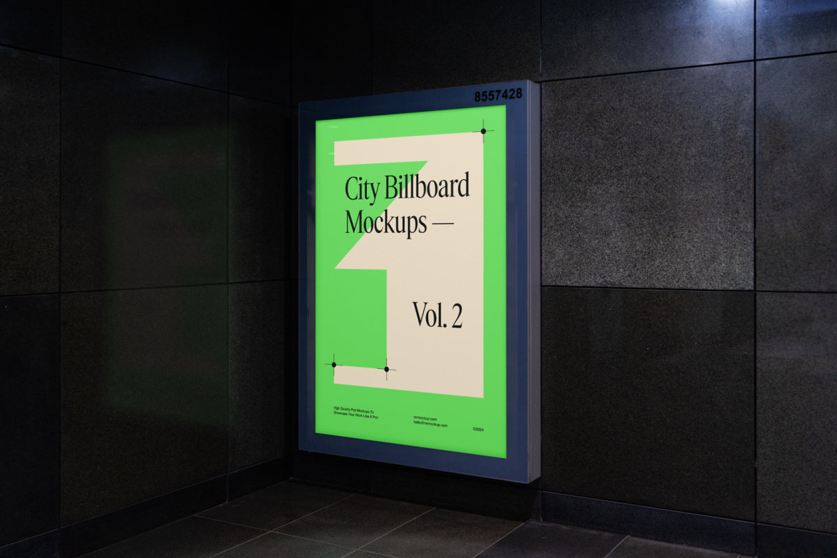 Vertical city billboard mockup in the corner, attached to the black marble wall.