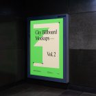 Vertical city billboard mockup in the corner, attached to the black marble wall.
