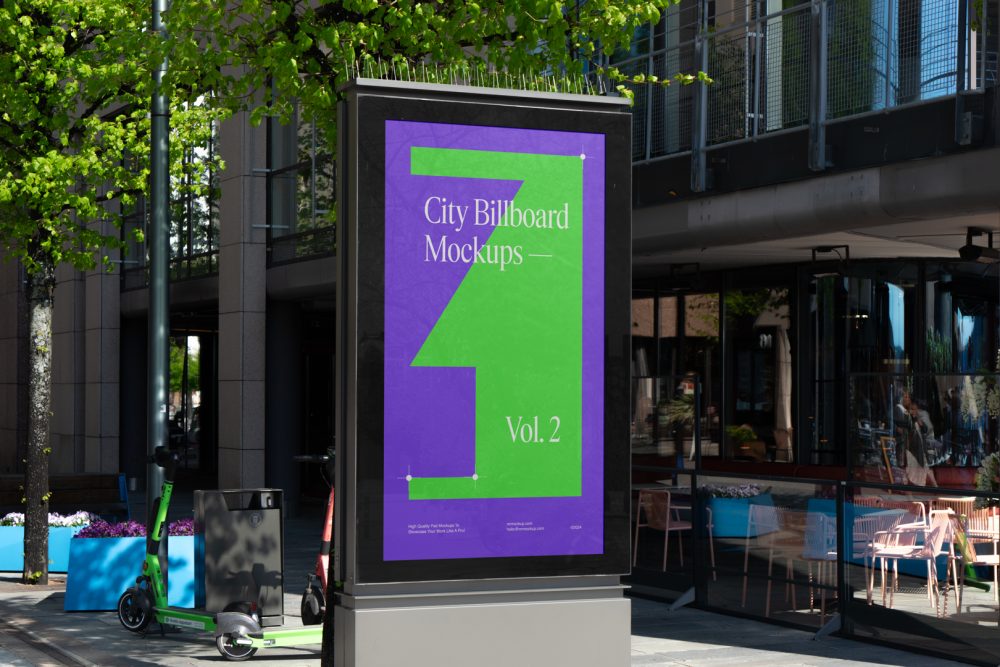 City light billboard mockup standing pedestal between the buildings in the middle of the city in the background.