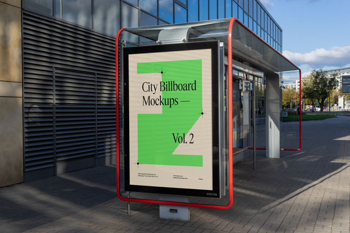 City billboard mockup attached to the bus stop with the city view in the background.