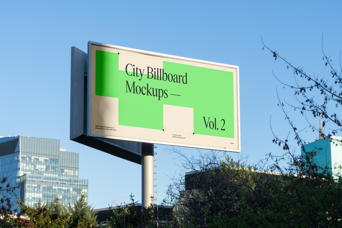 Front view, city billboard mockup with the clean blue sky in the background.