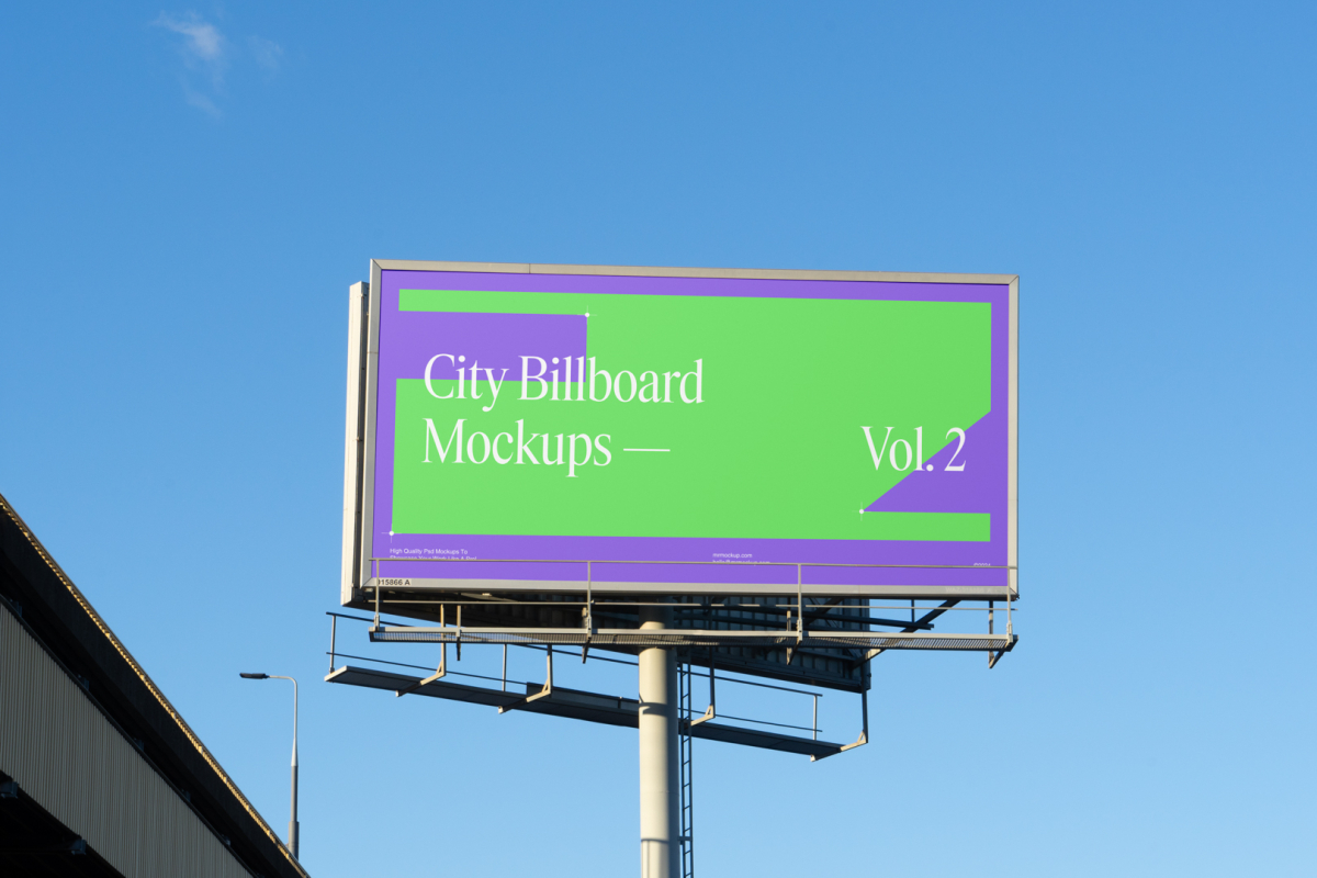 Front view, city billboard mockup with the clean blue sky in the background.
