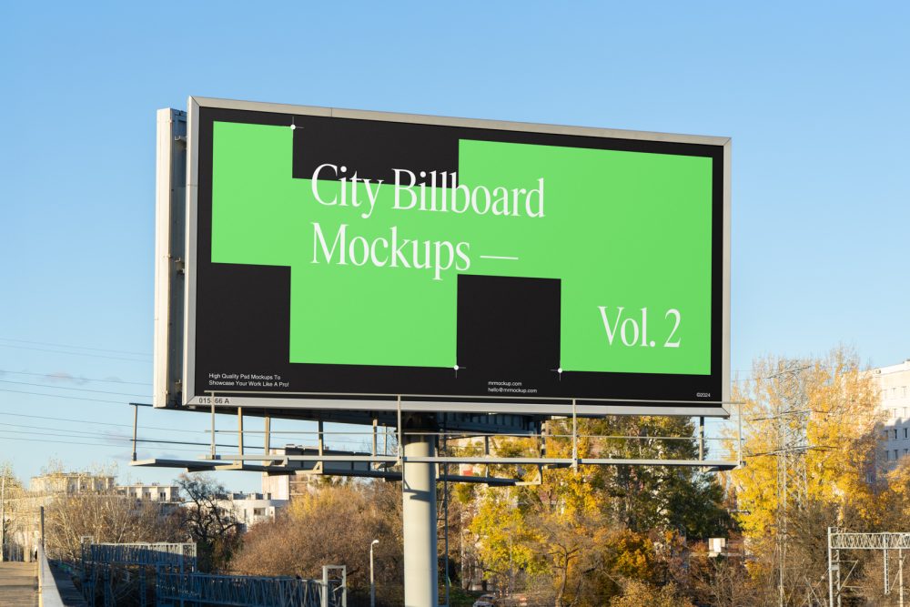 Front view, city billboard mockup with silver frames and black, green to white graphics.