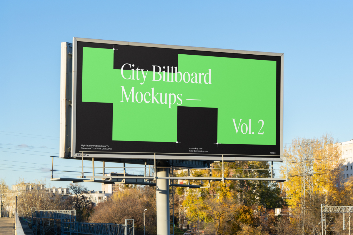 Front view, city billboard mockup with silver frames and black, green to white graphics.