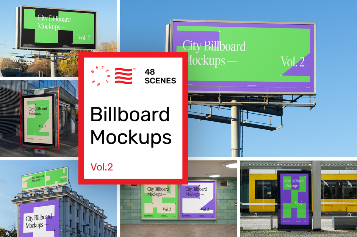 Product cover image from city billboard mockups vol.2 showing six scenes from the product.