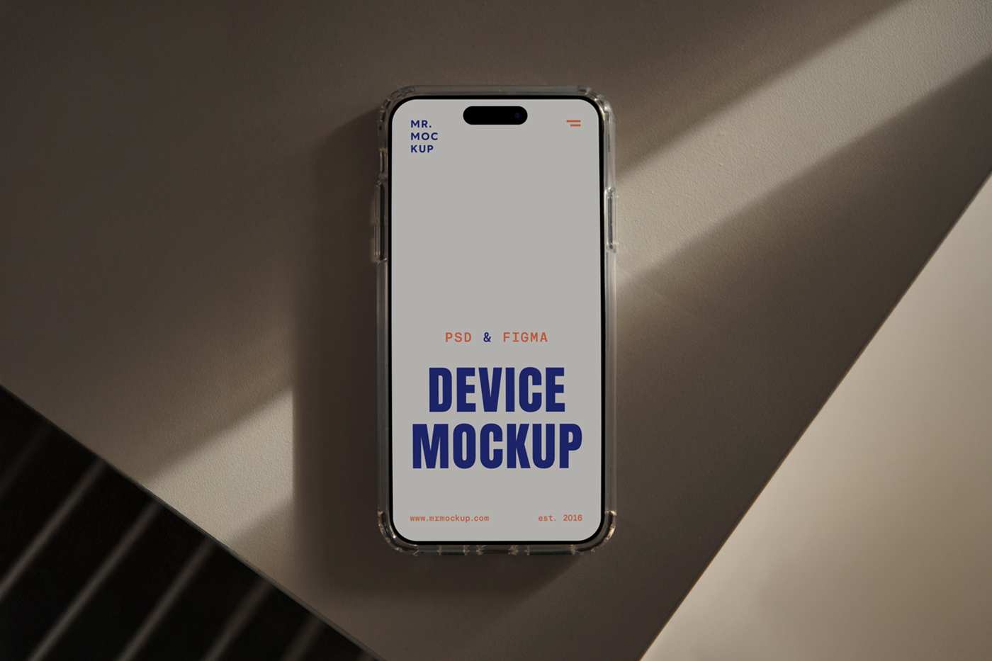 View from above, iPhone 16 Pro Mockup laying on the beige table.
