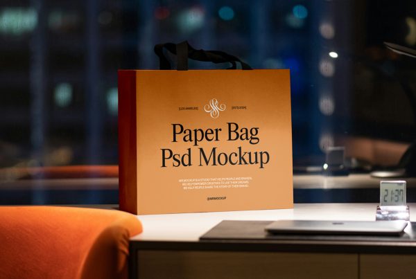 Front view, paper bag mockup standing on the wooden table.