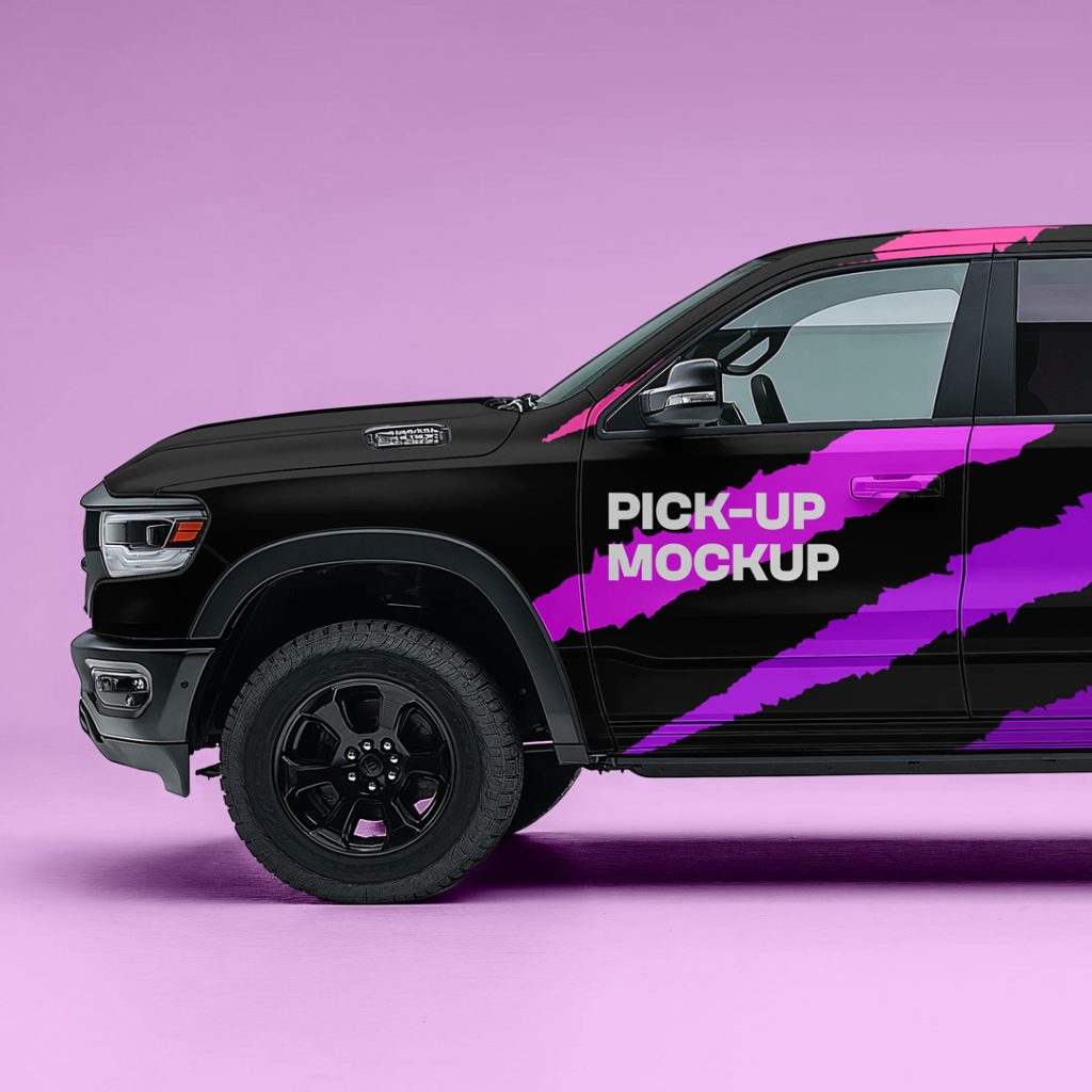 Front view, pickup truck mockup standing in photography studio in front of the pink wall.