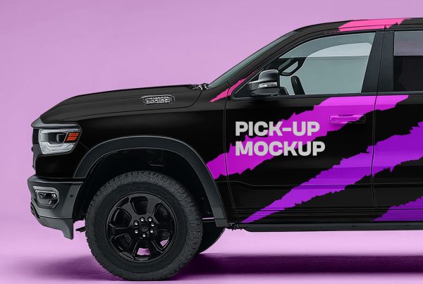 Front view, pickup truck mockup standing in photography studio in front of the pink wall.