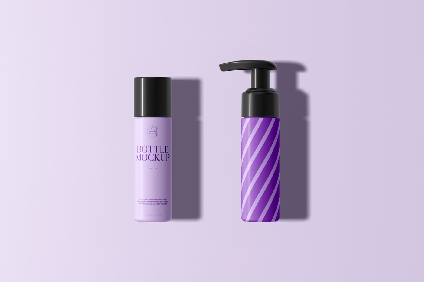 View from above, two slender ones bottle mockups laying on the purple floor.
