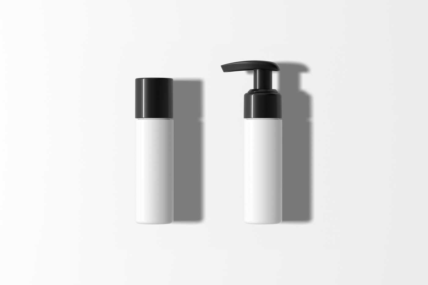 View from above, two slender ones white bottle mockups laying on the white floor.