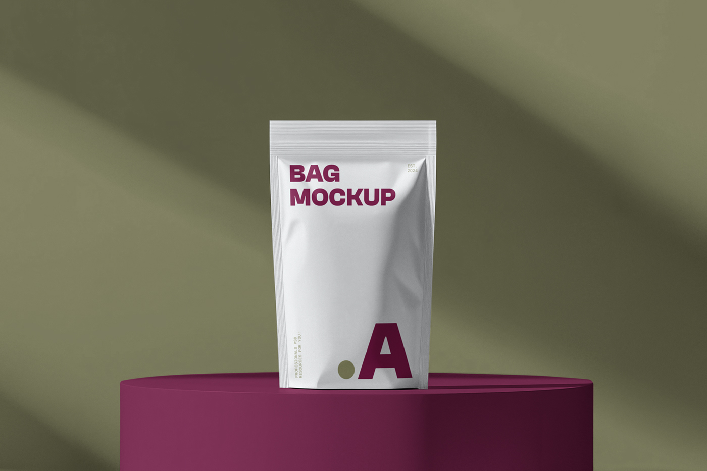 Front view, white plastic coffee bag mockup standing on the dark pink cubic in front of the dark green wall.
