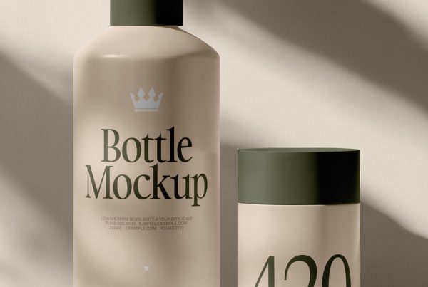 Front view, two beige bottle mockup standing on the gray floor in front of the beige wall.