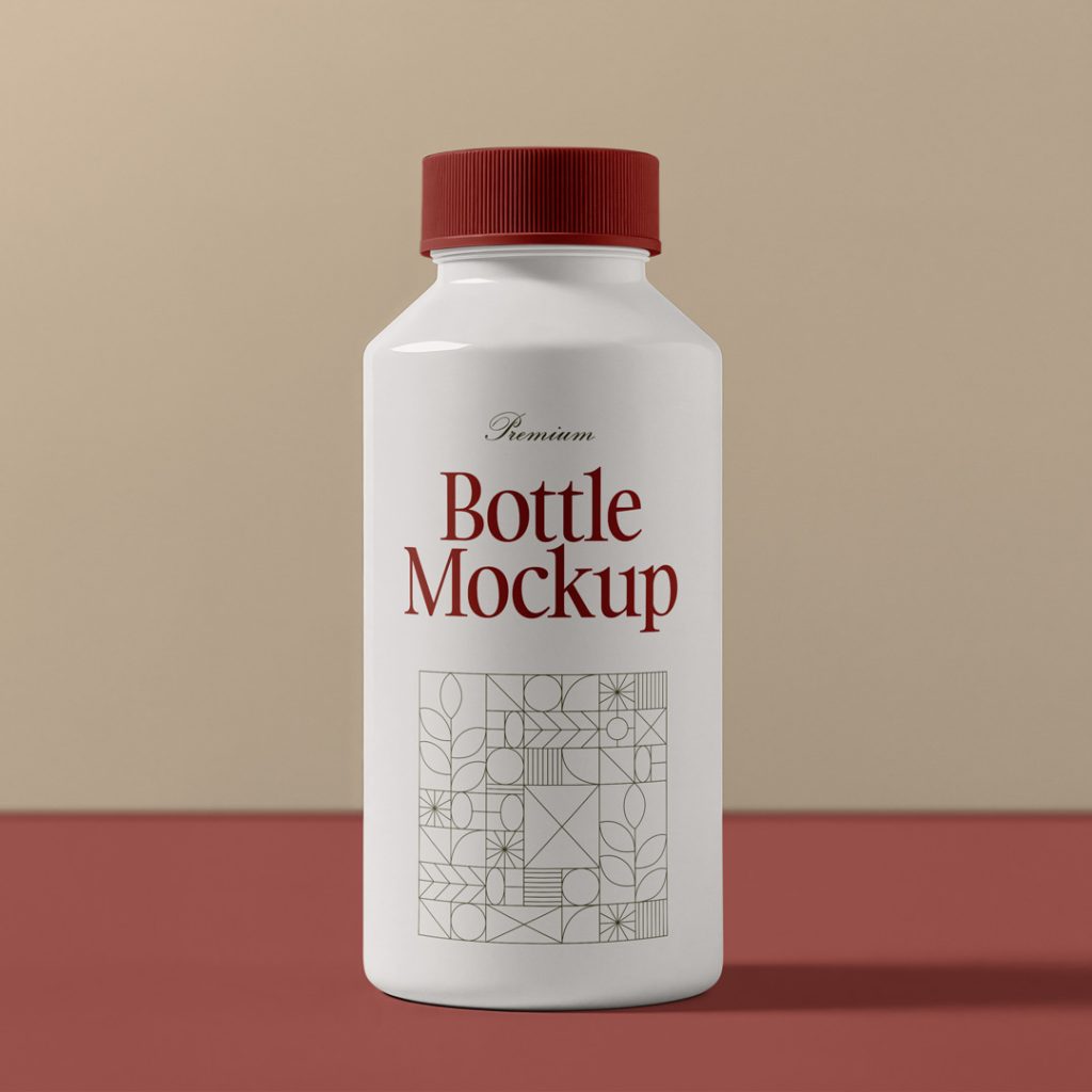 Front view, white bottle mockup standing on the red floor in front of the beige wall.