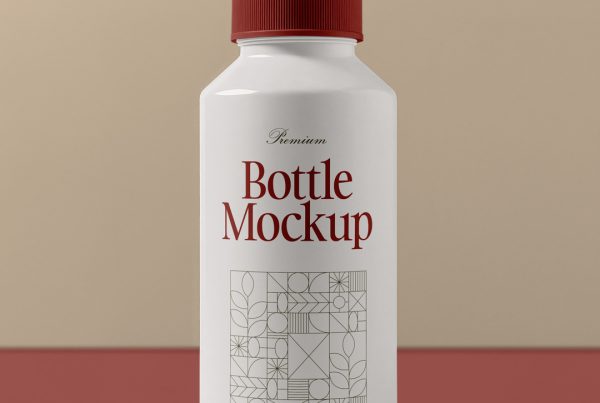 Front view, white bottle mockup standing on the red floor in front of the beige wall.