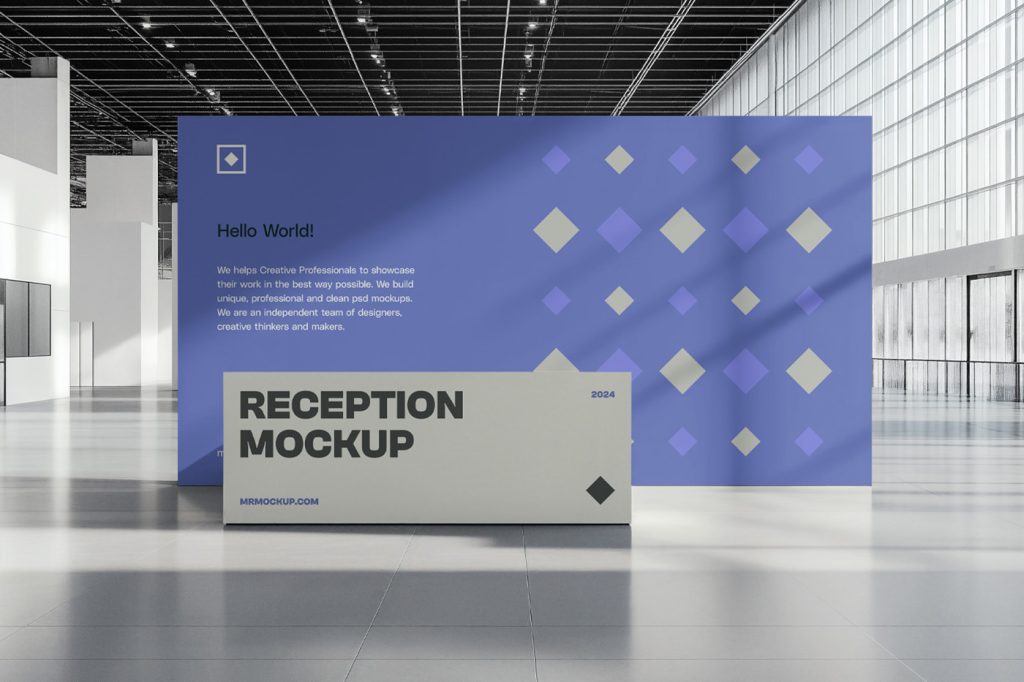 Front view, two reception wall mockups placed inside the building.