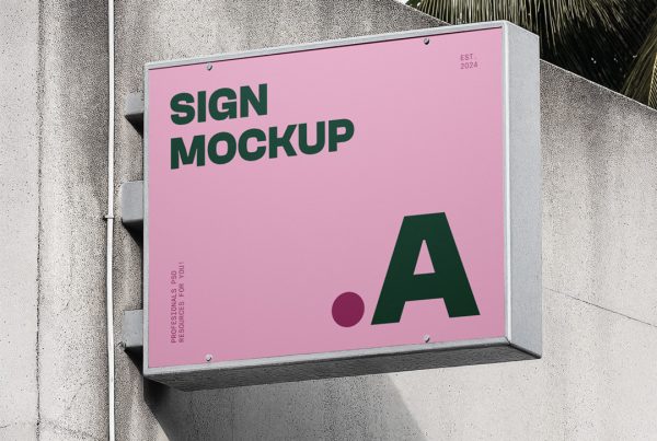 Front view, rectangle sign mockup with a metal frame attached to the concrete wall.