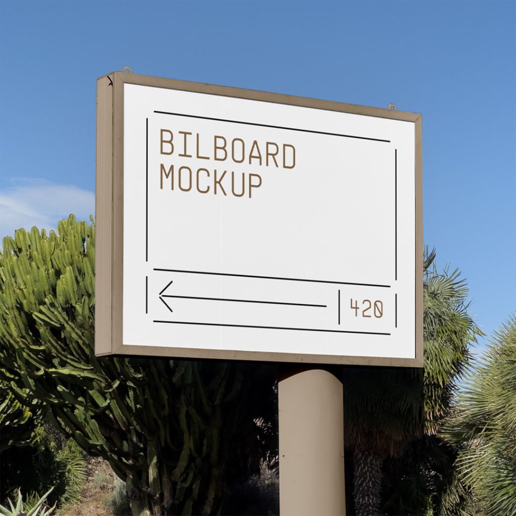 Front view, rectangle billboard mockup with beige construction standing in front of the exotic nature.
