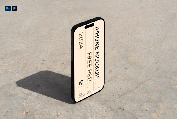 Front view, standing iPhone 16 Pro Mockup on the concrete floor.