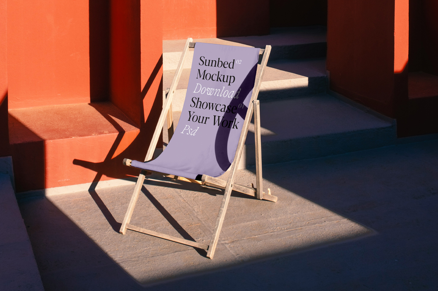 Front view, wooden sunbed mockup standing in front of the building.