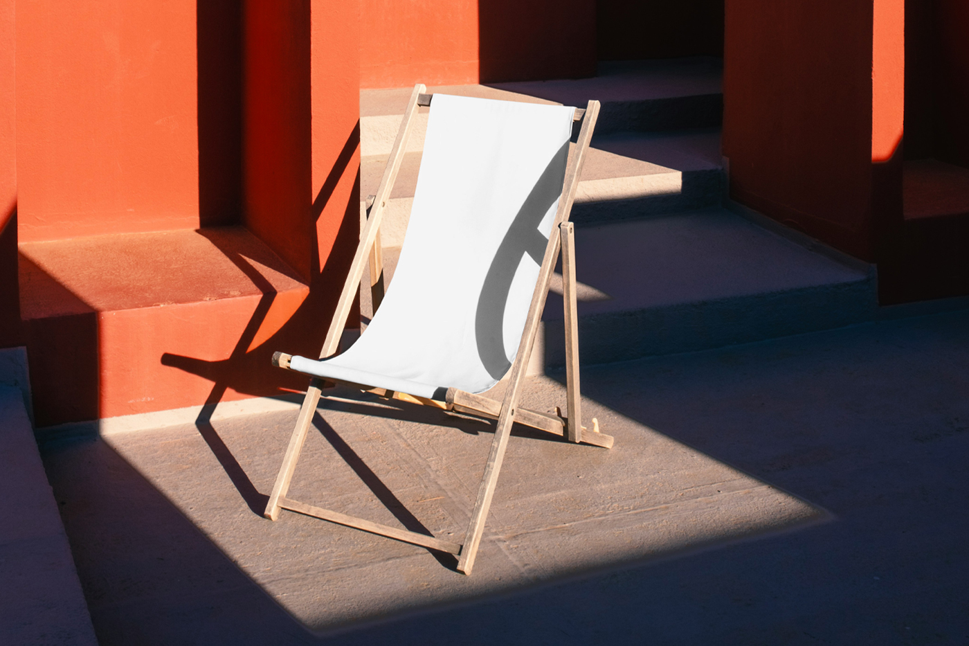 Front view, wooden white sunbed mockup standing in front of the building.