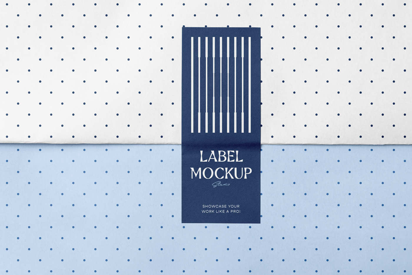 View from above, blue wrapping paper mockup with navy label on it.