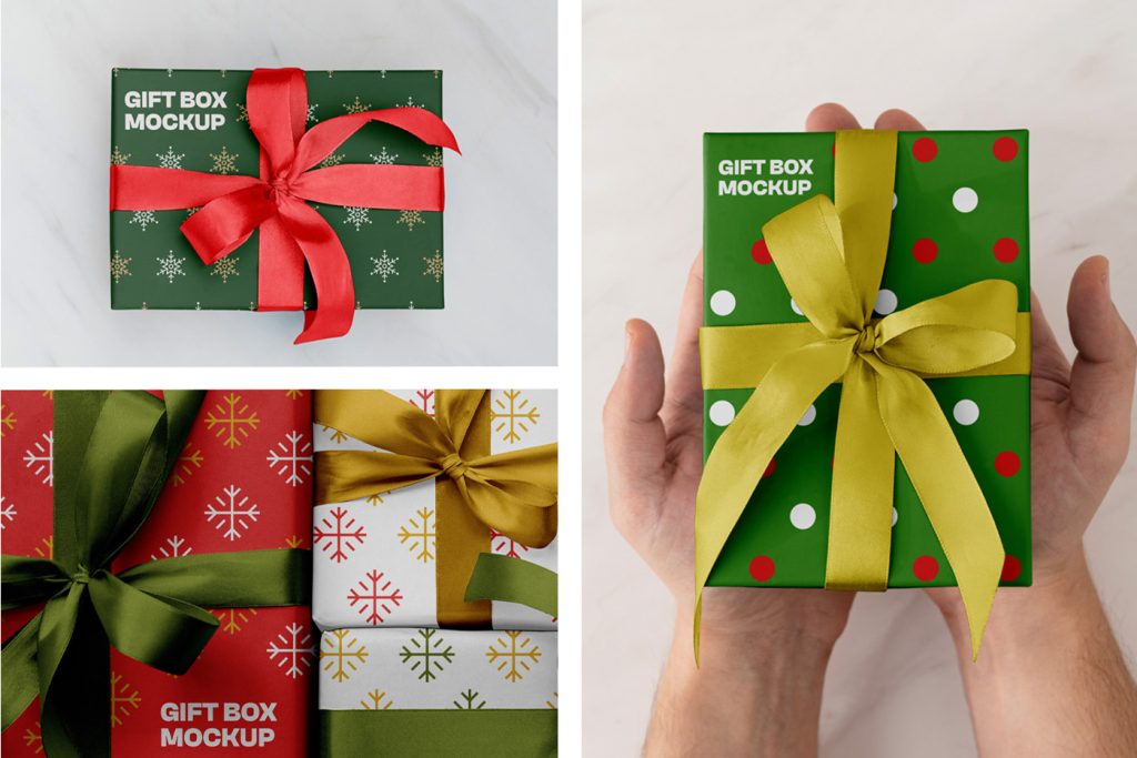 Front view, Three gift box mockups set.