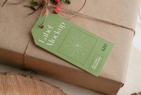 View from above, green label mockup attached to craft package gift box.