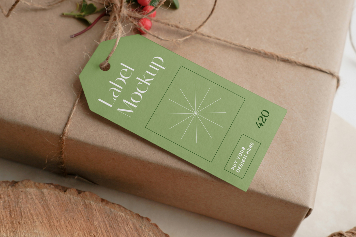 View from above, green label mockup attached to craft package gift box.