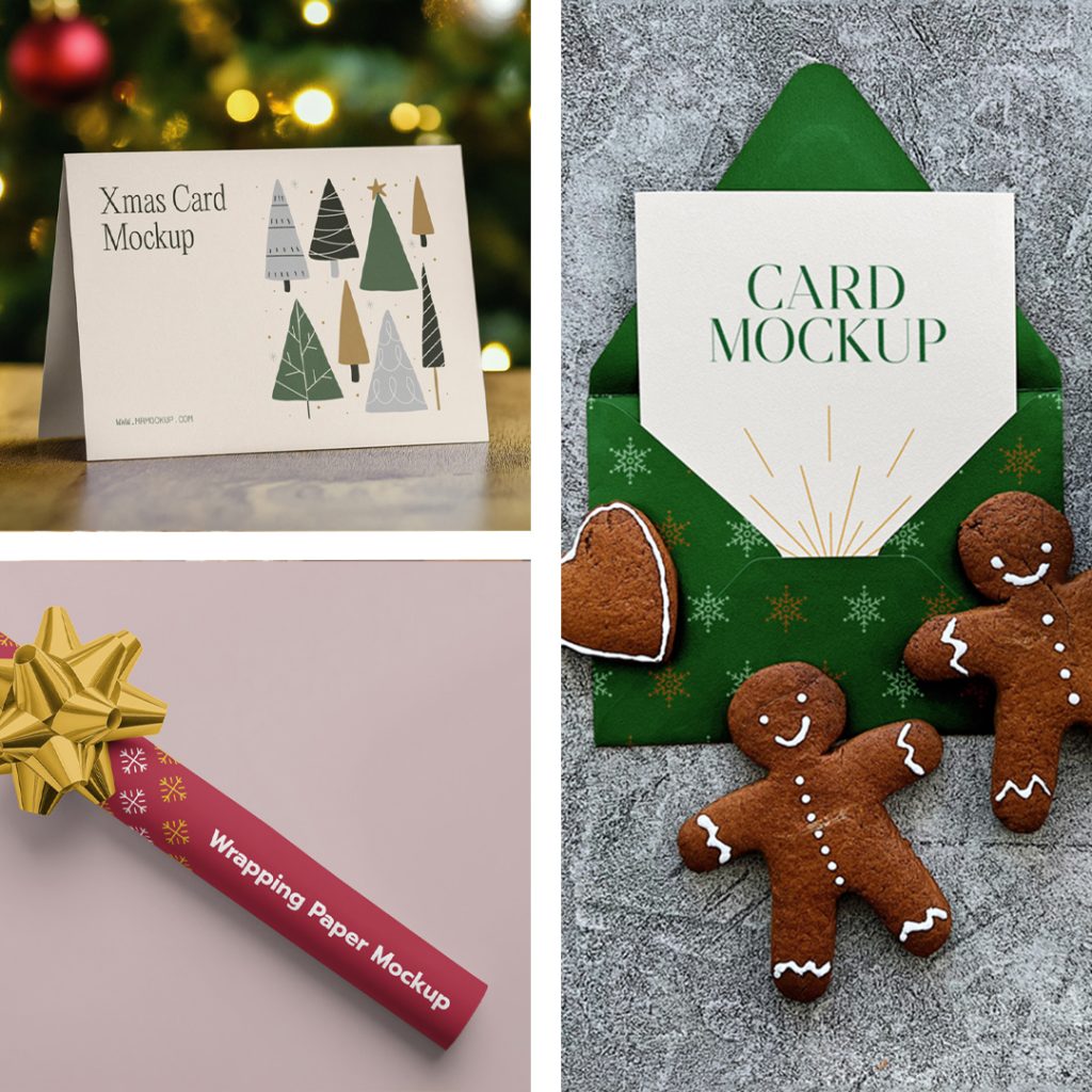 Front view, Three xmas paper card mockups set.