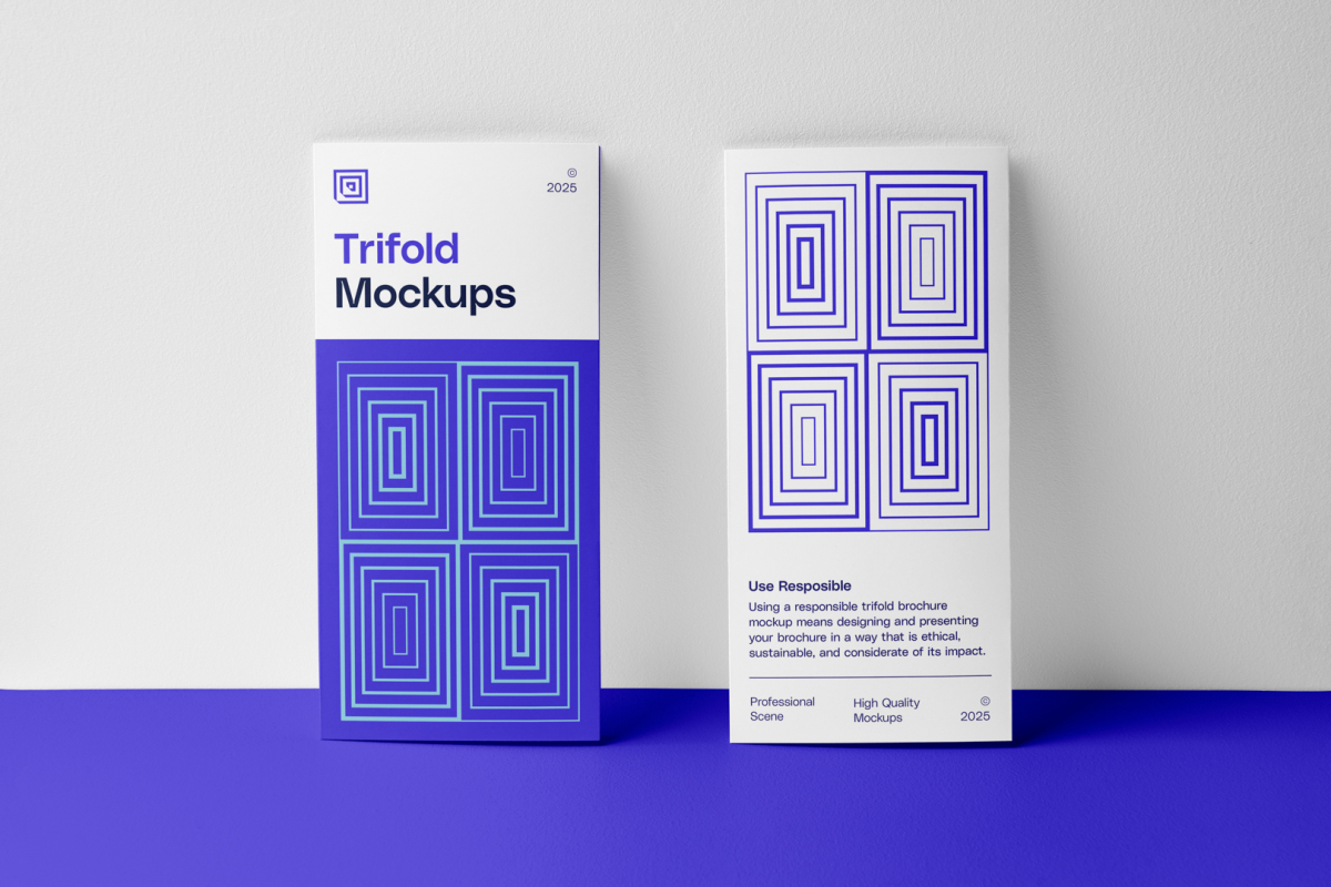 Front view, two standing on purple floor, Trifold Mockups based on white wall.