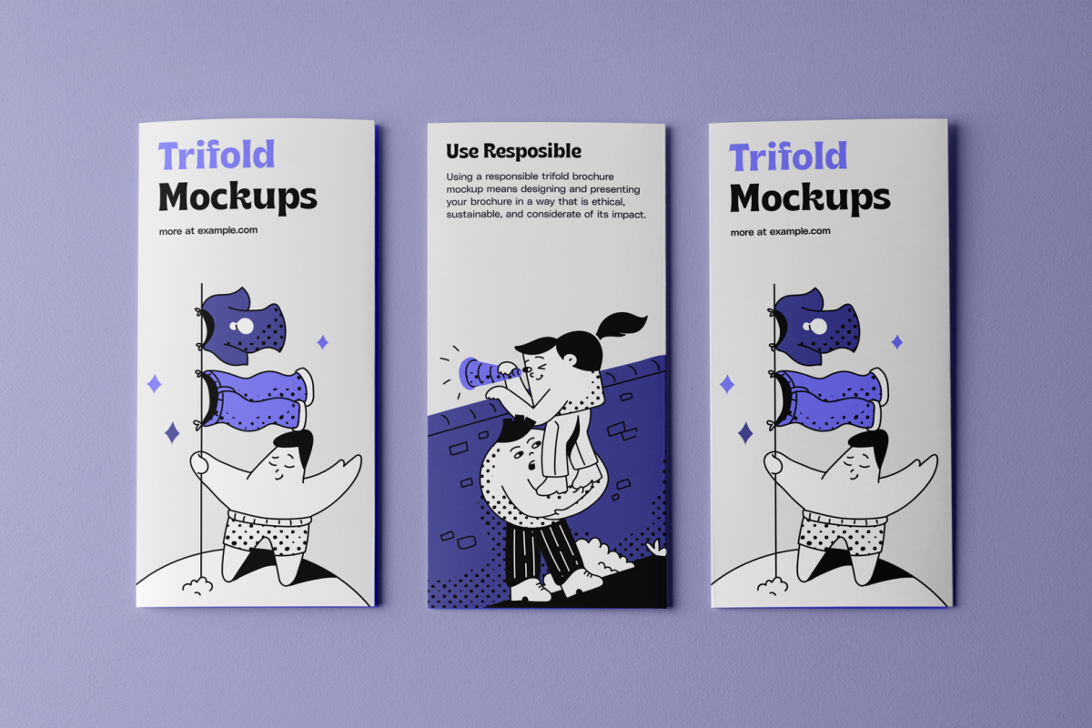 View from above, three laying Trifold Mockups on purple floor.