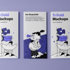 View from above, three laying Trifold Mockups on purple floor.