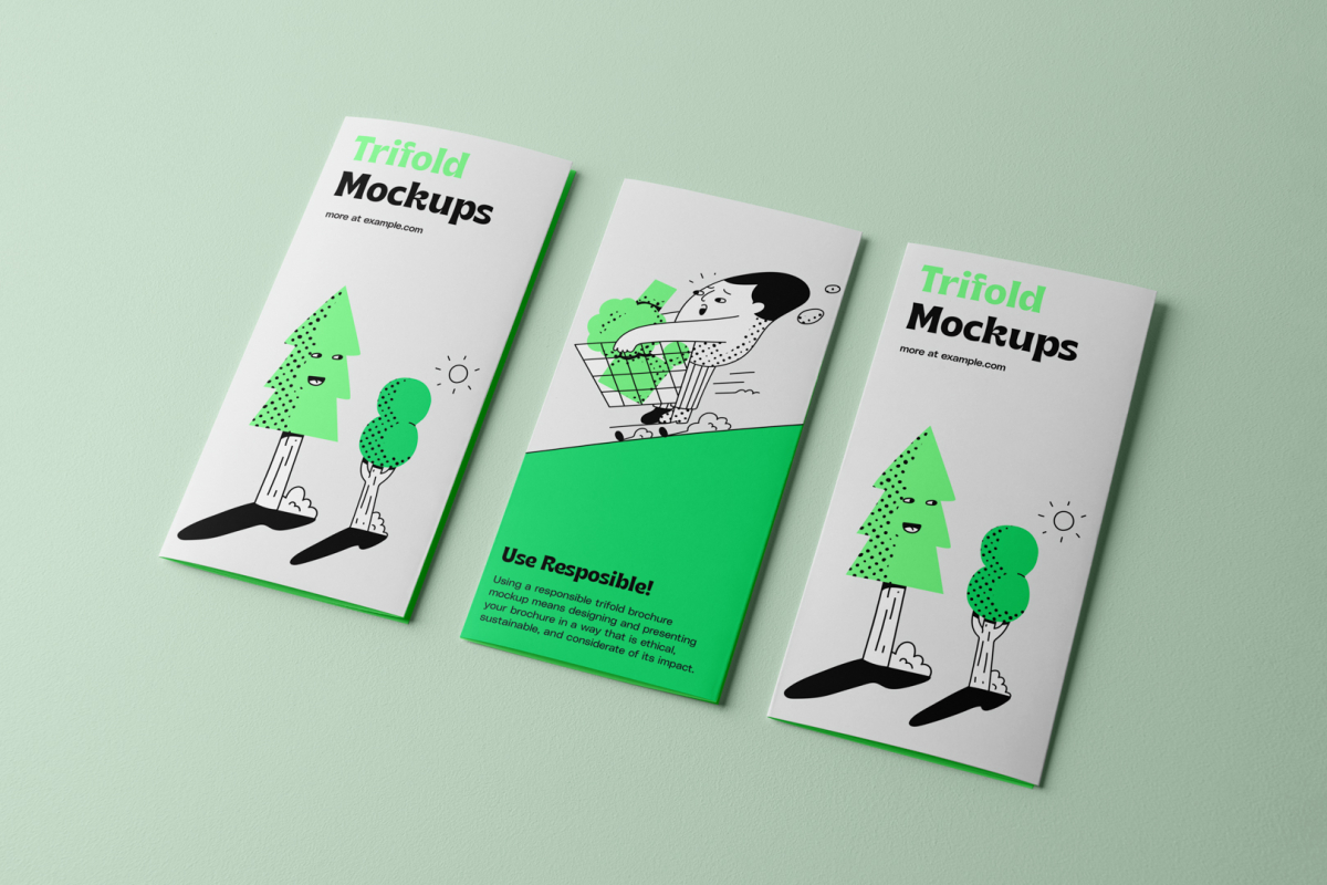 View from above, at a 45-degree angle of three laying Trifold Mockups on light green floor.