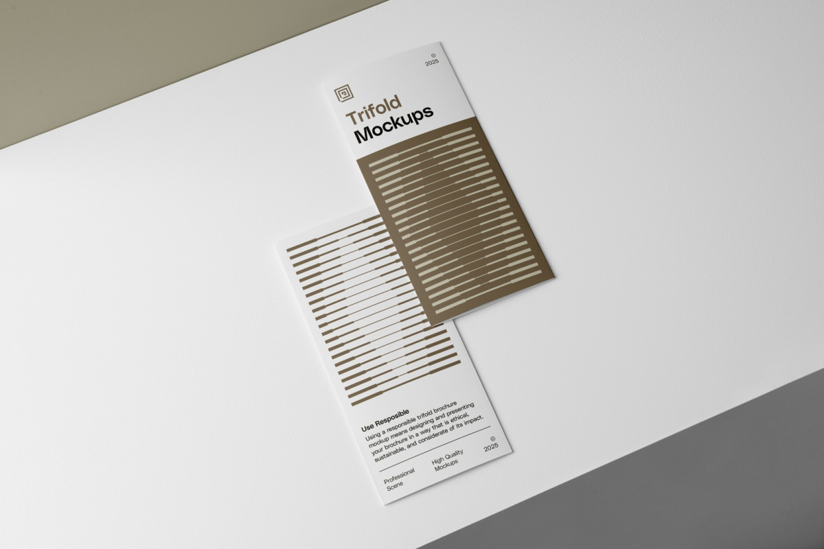 View from above, two laying Trifold Mockups on the white box.