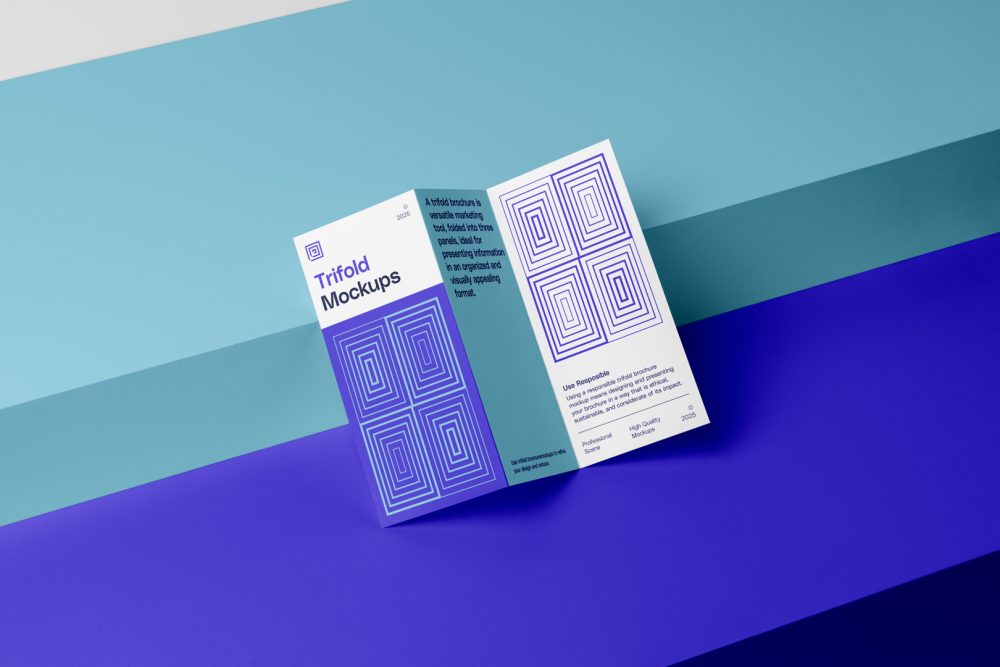 View from above, at a 45-degree angle of Trifold Mockup based on two boxes with two shades of blue, light and dark blue.