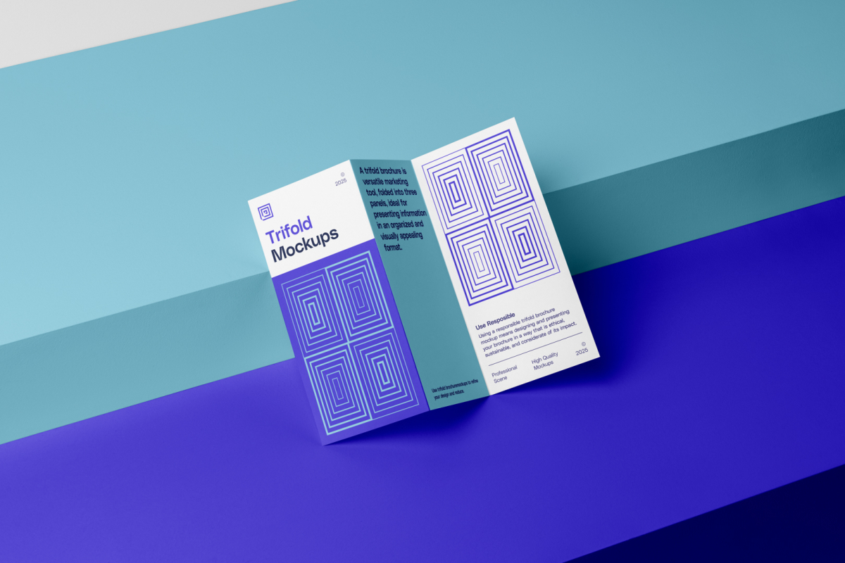 View from above, at a 45-degree angle of Trifold Mockup based on two boxes with two shades of blue, light and dark blue.
