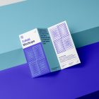 View from above, at a 45-degree angle of Trifold Mockup based on two boxes with two shades of blue, light and dark blue.