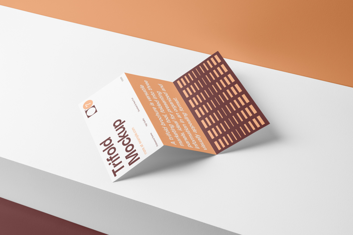 View from above, at a 45-degree angle of Trifold Mockup arranged in the letter z and laying on a white box.