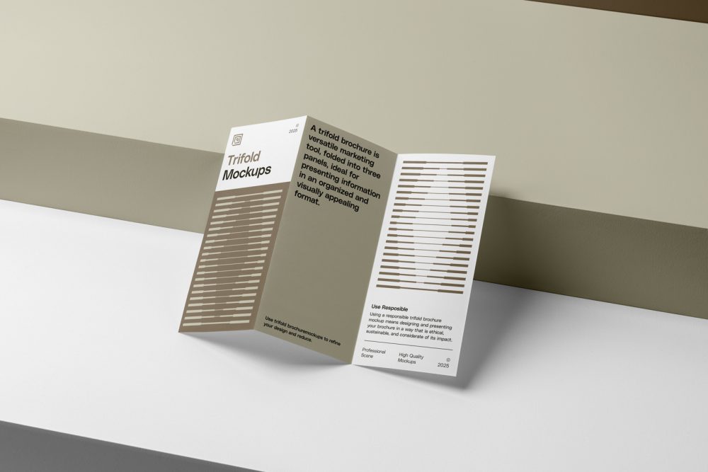 View from above, at a 45-degree angle of Trifold Mockup based on two boxes with two shades of beige, light and dark beige.