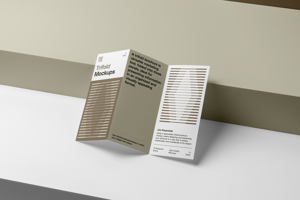 View from above, at a 45-degree angle of Trifold Mockup based on two boxes with two shades of beige, light and dark beige.