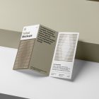 View from above, at a 45-degree angle of Trifold Mockup based on two boxes with two shades of beige, light and dark beige.