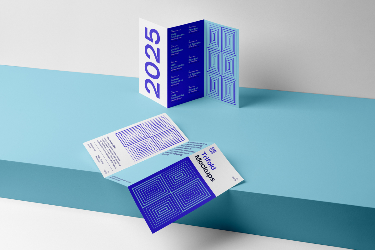 View from above, at a 45-degree angle of two Trifold Mockups. One is laying on the baby blue box. Second is standing on the baby blue box.
