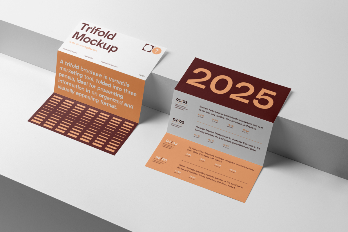 View from above, at a 45-degree angle of two Trifold Mockups arranged in the letter z and laying on two white boxes.
