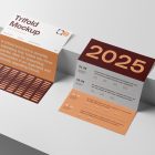 View from above, at a 45-degree angle of two Trifold Mockups arranged in the letter z and laying on two white boxes.