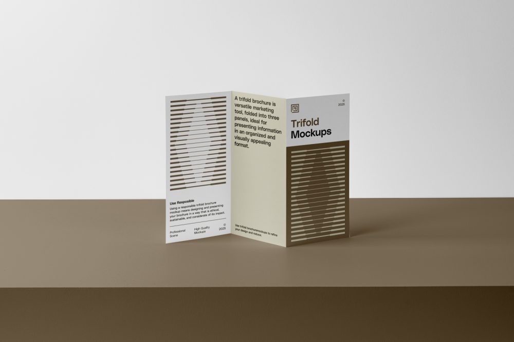 Front view, of a standing Trifold Mockup on a brown box where for is a white wall.