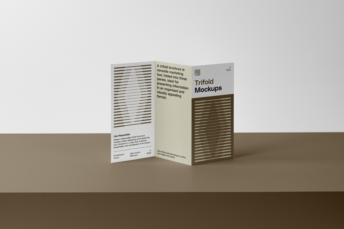 Front view, of a standing Trifold Mockup on a brown box where for is a white wall.