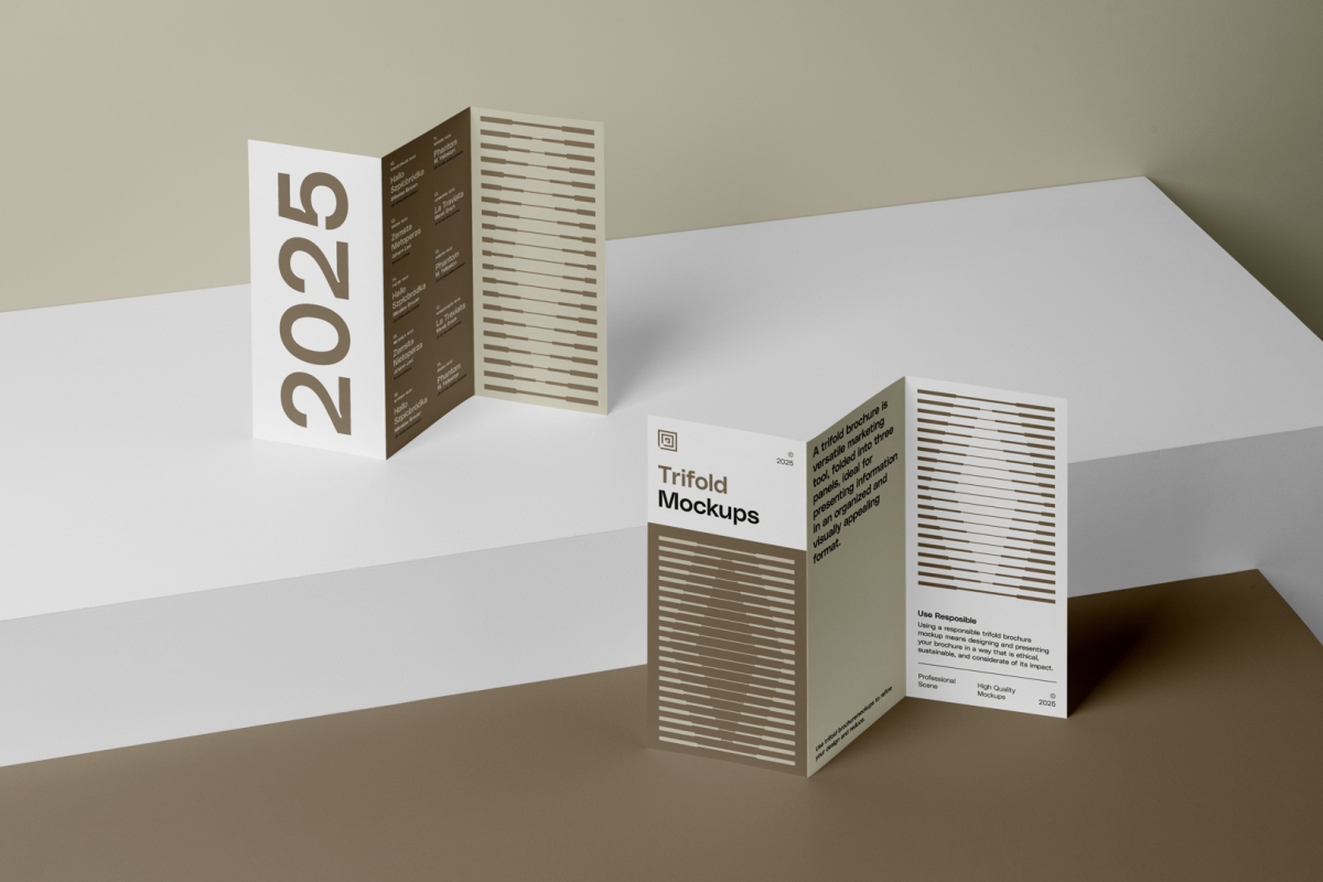 View from above, at a 45-degree angle of two standing Trifold Mockups arranged in the letter z. One is standing on the white box. Second is standing on a brown box.